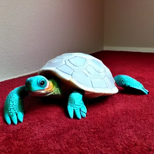 Image similar to My pet turtle that I painted like a white and red racecar is zooming around my room and I can't stop him. Damn maybe I shouldn't have given my turtle Adderall and Caffeine