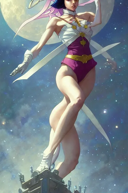 Image similar to aeon flux as sailor moon picture by Greg Rutkowski, dynamic pose, matte painting, intricate, fantasy concept art, elegant, by Stanley Artgerm Lau, WLOP, golden ratio, thomas kindkade, alphonse mucha, loish, Peter chung, norman Rockwell,