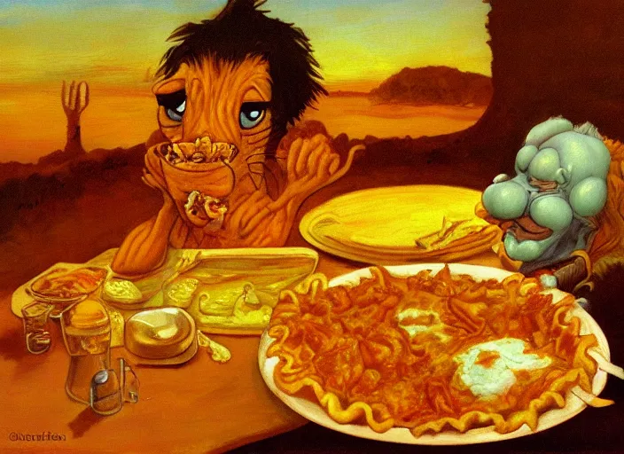 Image similar to surrealist impressionist painting of garfield eating lasagna at dusk, in the style of michael whelan and wayne barlowe