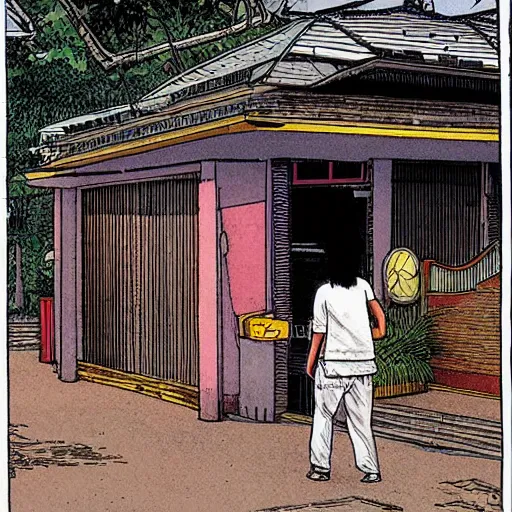 Prompt: snapshot of a person in a singaporean neighbourhood, by moebius