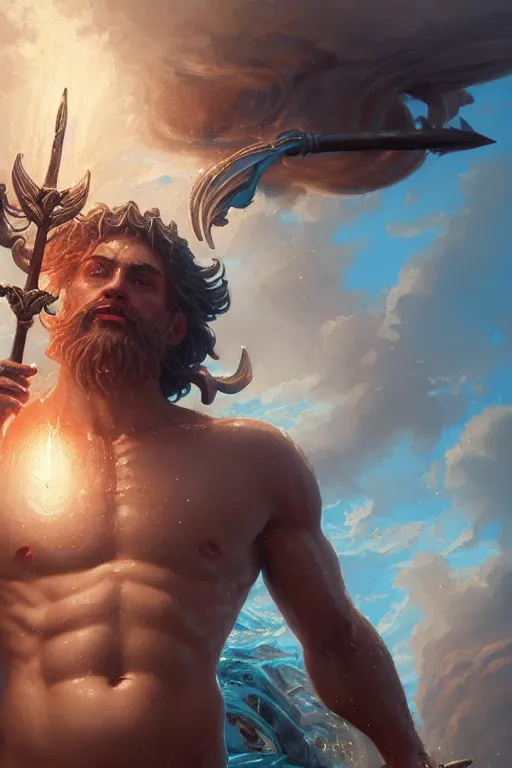 Prompt: highly detailed close up portrait of god poseidon holding trident, stephen bliss, unreal engine, fantasy art by greg rutkowski, rhads, ferdinand knab, makoto shinkai and lois van baarle, ilya kuvshinov, rossdraws, tom bagshaw, global illumination, radiant light, detailed and intricate environment