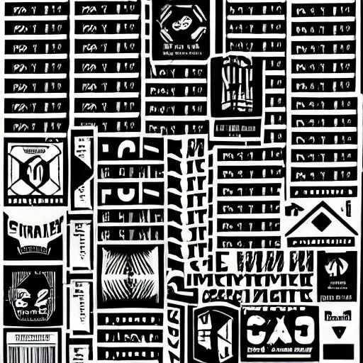 Image similar to black on white graphic design stickers in style of david rudnick, eric hu, y 2 k,