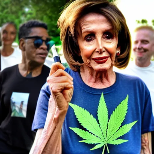 Prompt: Nancy Pelosi smoking a joint and wearing a tshirt with a marijuana leaf on the tshirt