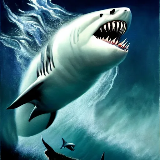 Image similar to a dream fantasy painting of a man bitten by a white shark, in the deep, by beksinki, antonio j. manzanedo, trending on artstation, deviantart, photorealism