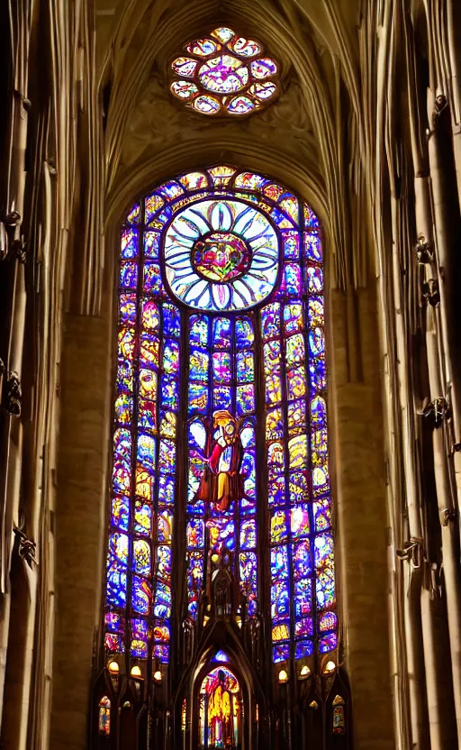 Prompt: photo inside a cathedral, ambient lighting, large rose window, stained glass, Winnie the Pooh characters