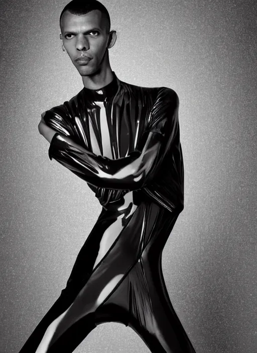 Image similar to a portrait of stromae by gilles berquet, serge lutens, wearing atsuko kudo latex outfit, photorealistic, intricate details, hyper realistic, ', photorealistic, canon r 3, photography, symmetrical features, symmetrical pose, wide angle shot, head to toe, standing pose, feet on the ground,