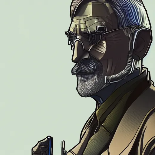 Image similar to cyberpunk neville chamberlain as the leader of a futuristic communist nation, cybernetics, sharp lines, digital, artstation, colored in