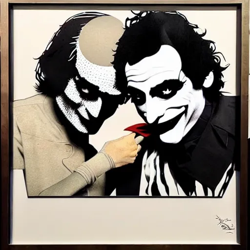 Image similar to richard hamilton and mimmo rottela and banksy as joaquin phoenix skinny joker holding hand lady gaga harley queen, ultra photorealistic, intricate details, pop art style, baroque, ultra hyperdetailed, concept art, ultrarealistic, 3 colors, smooth, sharp focus