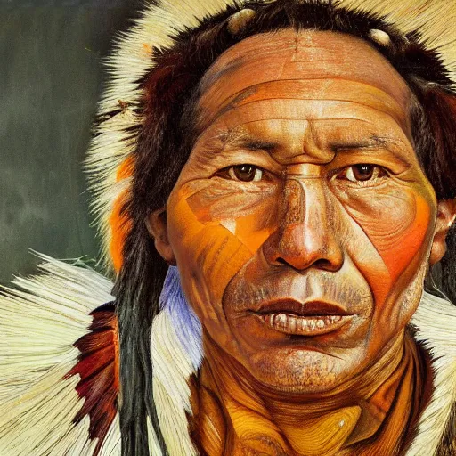 Image similar to high quality high detail painting by lucian freud, hd, portrait of a indigenous tribe leader with colored face, photorealistic lighting