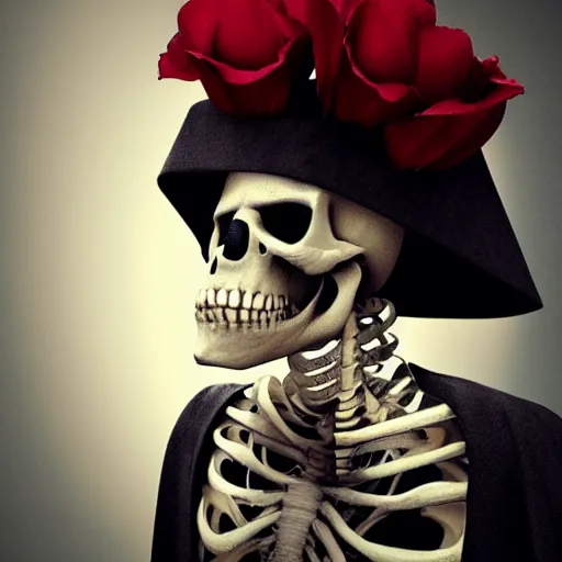 Image similar to cinematic shot epic portrait skeleton wearing a dark robe holding flowers crying, hyper realistic, mood lighting, fantasy, detailed face, highly detailed, super realistic, perfect lighting