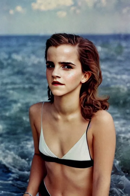 Prompt: photo photorealistic portrait photograph Emma Watson in swimsuit, full length photo portrait by Norman Rockwell, Andrei Tarkovsky, summer beach