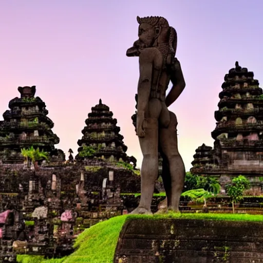 Prompt: a very large purple moon over garuda wisnu kencana statue in bali just after sunset