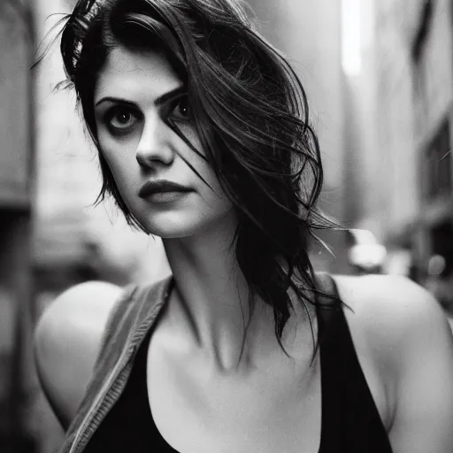 Image similar to closeup portrait of alexandra daddario in a smoky new york back street, photograph, natural light, detailed face, magazine, press, photo, Steve McCurry, David Lazar, CANON Eos C300, ƒ5.6, 50mm