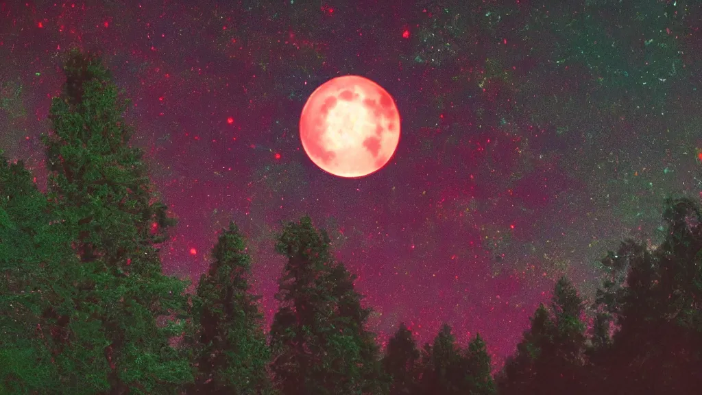 Prompt: (((psychedelic))) 8k ultra realistic night time photography of a mystical cosmic night sky with red smoke and a perfect huge full moon, A glimpse through a small gap in the dark green foliage and overgrowth and the trees of the huge gibbous full moon over water in a dark sky. wreathed in red smoke!!!, starlight, night-time, dark enclosed, cozy, quiet forest night scene, spangled, cosmic