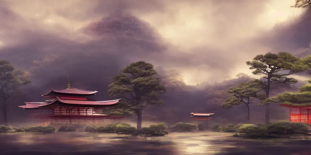 Image similar to a japanese buddhist temple. a fantasy digital painting by richard schmid, atmospheric lighting, misty clouds, cinematic landscape, architectural concept, dynamic angle, trending on artstation, golden rays,