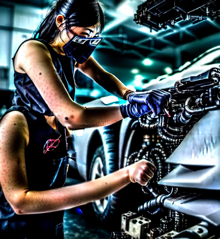 Image similar to a photo close up a female mechanic working on engine of a cyberpunk supercar, wearing mask, japanese tuning garage, cyberpunk gunma prefecture, midnight, photorealistic, cinematic color, studio lighting, highly detailed, bokeh, style by tomino - sama