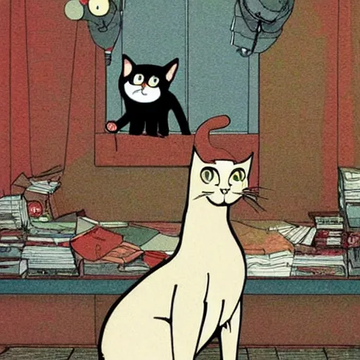 Prompt: a cat watches the end of the world, by satoshi kon