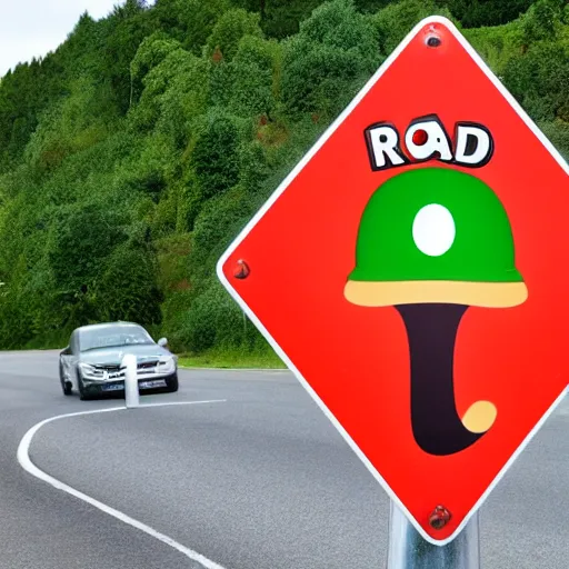 Prompt: road sign warning drivers to beware of Luigi, photo 4k