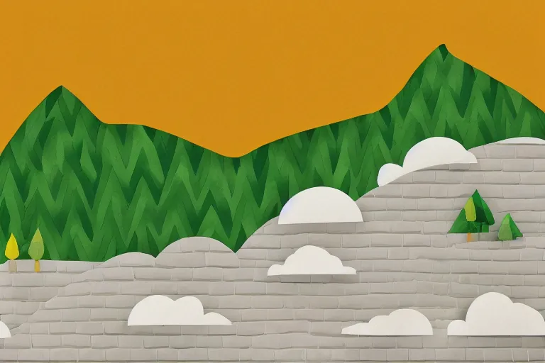 Image similar to paper craft, green textured hills and yellow sun graphic with white clouds and a colorful brick road, behance