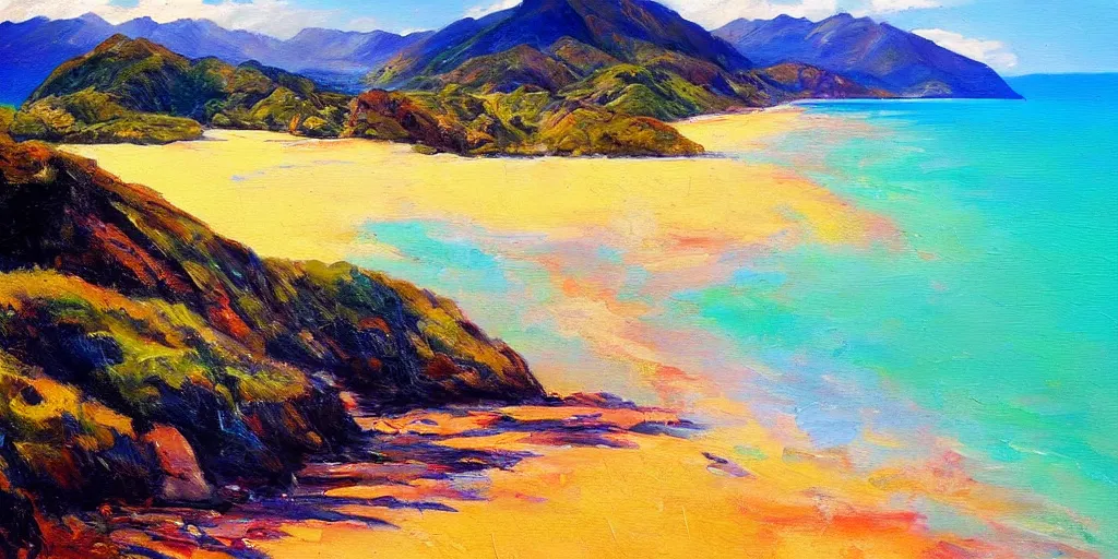 Prompt: golden bay new zealand, abel tasman, colorful oil painting, trending on artstation
