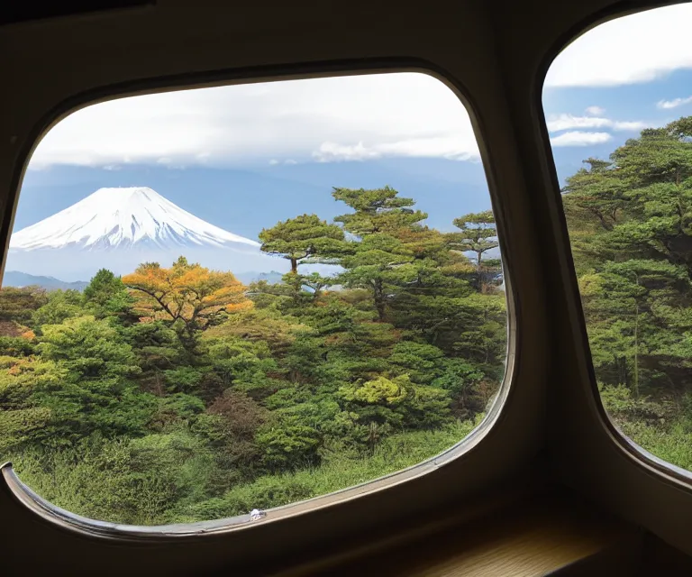 Image similar to a photo of mount fuji, among beautiful japanese landscapes, seen from a window of a train. dramatic lighting.