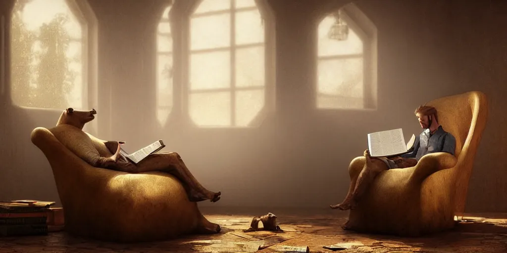 Prompt: a cow sitting in a luxury chair reading a book, digital art, fantasy art, octane render, ureal engine, high detail, very realistic, by greg rutkowski. by james gurney