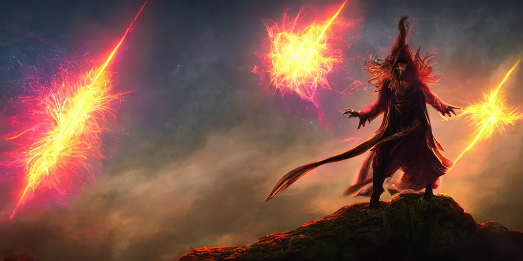 Prompt: wizard in front of magical explosion, fantasy, digital art, concept art, 8 k
