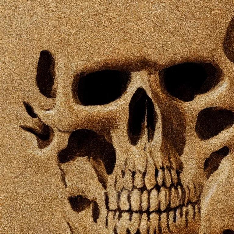 Image similar to closeup of metal skull berried in sand painted by Edward Hopper, painted by Wayne Barlow, airbrush