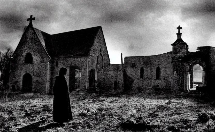 Prompt: contemplation of a crumbling chapel, still from an old surrealist black and white movie directed by Jan Svankmajer, Béla Tarr, Ingrid Bergman and Robert Wiene. Dark background, dramatic lighting, detailed, cinematic