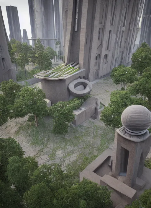 Image similar to highly detailed realistic architecture 3 d render of a futuristic stele monument in frank lloyd wright style standing in city park, archdaily, made in unreal engine 4 octane render