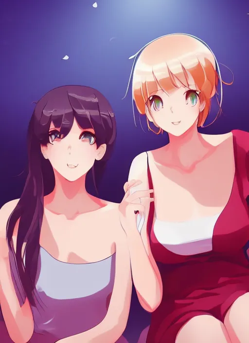 Prompt: two beautiful mothers sitting by a fan on a hot summer evening, gorgeous faces, thick lines, cinematic lighting, detailed anime art