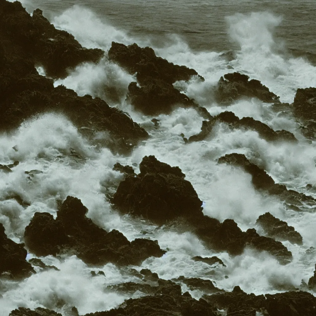 Image similar to dark and moody 1 9 7 0's artistic technicolor spaghetti western film, a large huge group of women in a giant billowing wide long flowing waving white dresses, standing inside a green mossy irish rocky scenic landscape, crashing waves and sea foam, volumetric lighting, backlit, moody, atmospheric, fog, extremely windy, soft focus