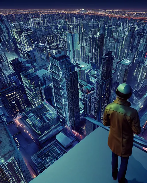 Image similar to an unreal engine 3d render of a night rooftop scene, neon lights in the city below, close up shot of a photorealistic gangster wearing a trench coat looking at the city below, global illumination, hyper realism