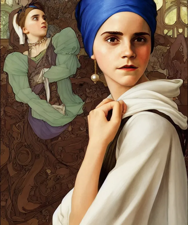 Image similar to Emma Watson as the girl with the pearl earring, highly detailed, digital painting, artstation, concept art, smooth, sharp focus, illustration, ArtStation, art by artgerm and greg rutkowski and alphonse mucha and J. C. Leyendecker and Edmund Blair Leighton and Katsuhiro Otomo and Geof Darrow and Phil hale and Ashley wood and Ilya repin and Charlie Bowater