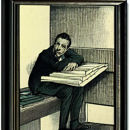 Prompt: tired man sitting behind a desk in a cubicle, papers stacked high by charles maurice detmold
