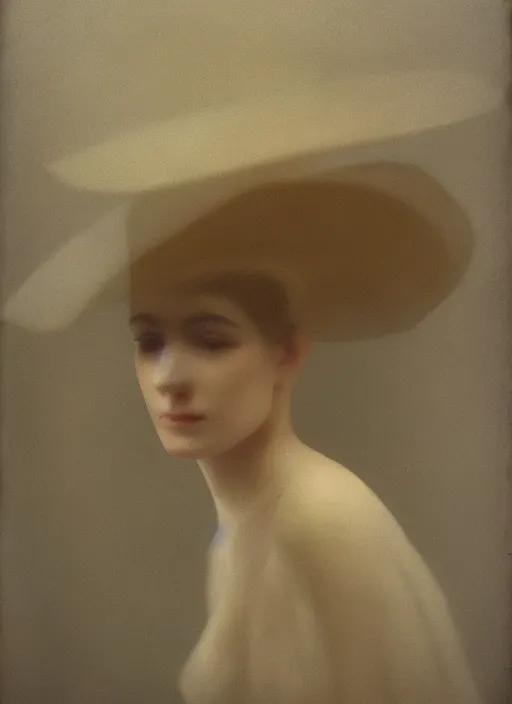 Image similar to out of focus photorealistic portrait of a beautiful pale young woman by sarah moon, tiny nose, wide face, very blurry, translucent white skin, closed eyes, foggy, closeup, with a weird hat