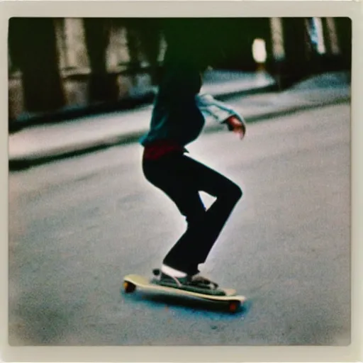 Image similar to Anna Akhmatova skateboarding, 90s polaroid, by Saul Leiter, Jamel Shabazz, Nan Goldin