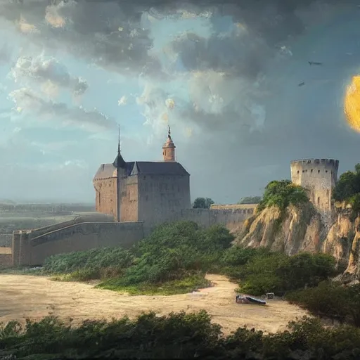 Prompt: greg rutkowski painting of an island flying in the air above a barren wasteland, on the island there is a cracow wawel castle and a lot of green vegetation, beautiful, detailed