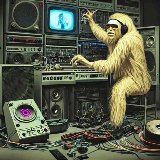 Image similar to a portrait of an anthropomorphic cyberpunk yeti podcasting while working in his secret electronics lab, detailed render, tape deck, studio microphone, boombox, headphones, epic composition, cybernetics, 4 k realistic, cryengine, realistic shaded lighting, sharp focus, masterpiece, by matteo scalera, gary montalbano, peter elson in the style of the tokyo ghost comic