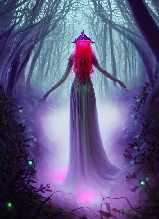 Image similar to stunningly beautiful female faerie priestess in amanita muscaria forest landscape, symmetrical wings on back, neon hair, fantasy art, wearing a dress of gossamer black, inner glow, illustration, dramatic lighting, soft details, painting, art nouveau, octane render, 8 k, hd, by edmund blair leighton, brom, charlie bowater, faces by otto schmidt