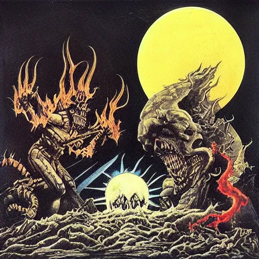 Image similar to “heavy metal 1980s album cover, dark landscape with hellfire and banshees howling, a monster is eating the sun, the oceans boiling by James Jean and frank frazetta”