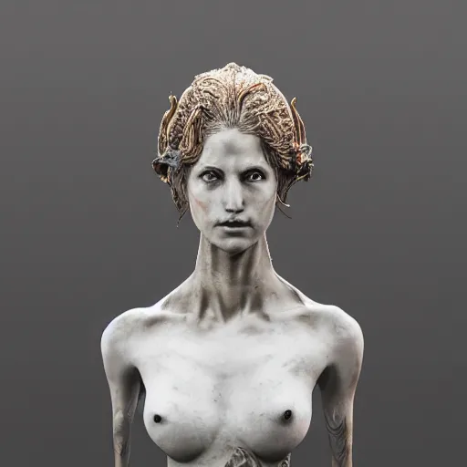 Image similar to photo taken of an epic intricate, ultra detailed, super realistic gritty, terrifying, lifelike bust sculpture of a enchanting siren creature design created by weta workshop, zoomed in shots, photorealistic, sharp focus, white wall coloured workshop, cold colour temperture, f 0. 4, face centred