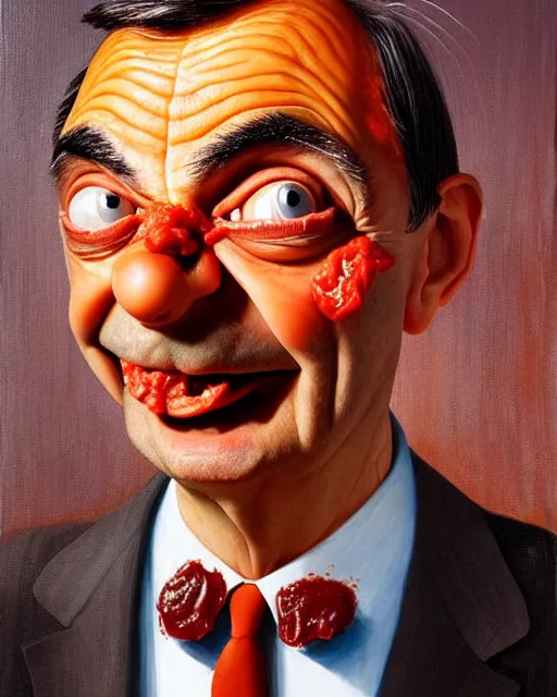 Image similar to portrait of mr bean's face in a bowl full of baked beans, head fully covered in beans and tomato sauce, beans on his eyes, tomato sauce on his skin, rowan atkinson, muted colors, surrealist oil painting, highly detailed