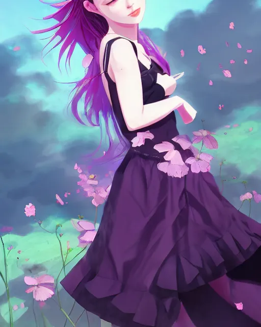 Prompt: girl with purple hair and black skirt, flower decoration on the background, a beautiful half body illustration, backlit, harsh overhead sunlight, art by seungmin kim and sakimichan