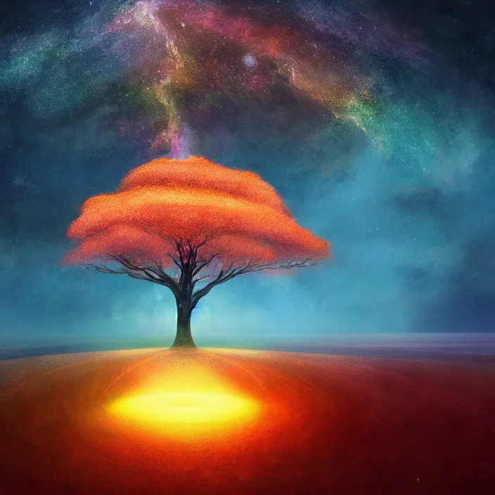 Prompt: epic chromatic tree of life centered on a hill glowing from within japanese, intricate, elegant, volumetric lighting, digital painting, highly detailed, artstation, sharp focus, milky way galaxy, symmetrical, rainbow orbs, illustration, concept art, ruan jia, steve mccurry