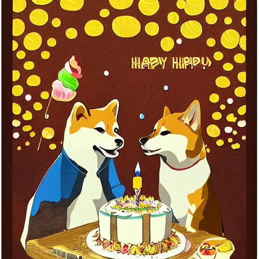 Image similar to expensive birthday card with happy shiba inu dogs eating birthday cake, Nintendo game art, Hayao Miyazaki, intricate detail, illustration, beautiful lighting,