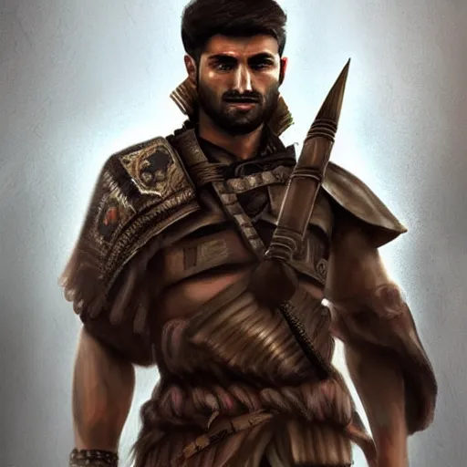 Image similar to kurdish male warrior, highly detailed, digital painting, artstation, concept art, sharp focus, illustration, incredibly strong and handsome