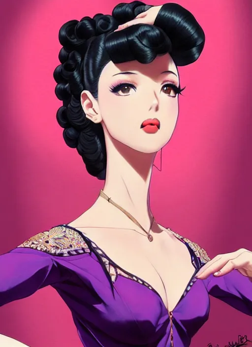 Image similar to a beautiful dancer with black hair in 1940's fashion, ballroom background, intricate, highly detailed, digital painting, artstation, official media, anime key visual, concept art, rich vivid colors, ambient lighting, sharp focus, illustration, art by Artgerm, Makoto Shinkai, Ilya Kuvshinov, Lois Van Baarle, and Rossdraws