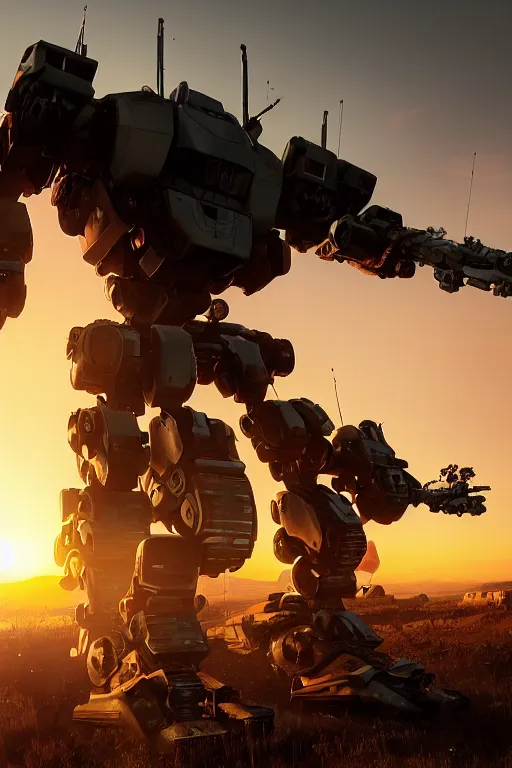 Image similar to A real photo of a Mechwarrior Robot with a big cannon on the arm and the sunset in the distance, by Josan Gonzalez, Yoji Shinkawa and Geof Darrow, highly detailed, Unreal Engine Render, 3D, 8k wallpaper