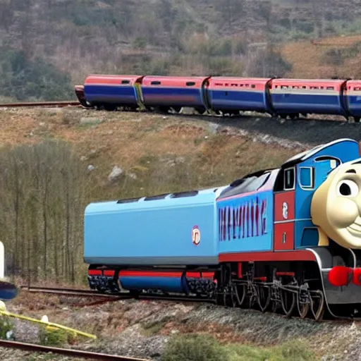 Prompt: thomas the tank engine derailed by bullet train,